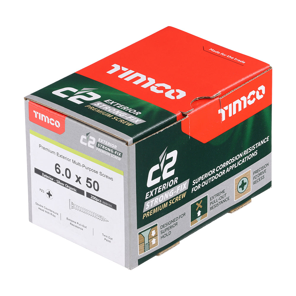 This is an image of Timco - C2 Exterior Strong-Fix Screws - PZ - Double Countersunk with Ribs - Twin-Cut - Silver 6.0 x 50mm - (200 PCS Box) 60050C2SBX