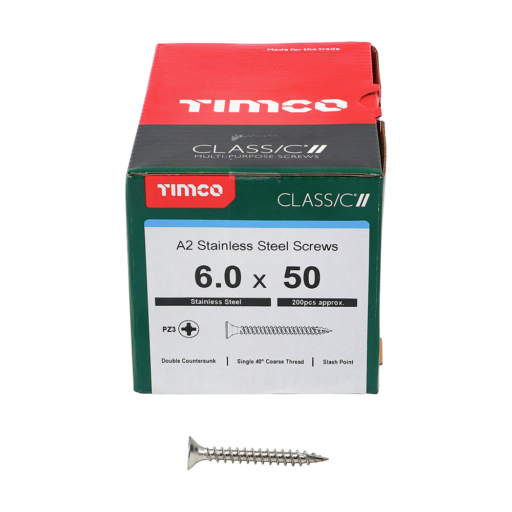 This is an image of Timco - Classic Multi-Purpose Screws - PZ - Double Countersunk - A2 Stainless Steel 6.0 x 50mm - (200 PCS Box) 60050CLASS