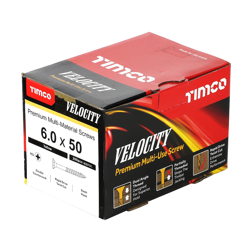 This is an image of Timco - Velocity Premium Multi-Use Screws - PZ - Double Countersunk - Yellow 6.0 x 50mm - (200 PCS Box) 60050VY