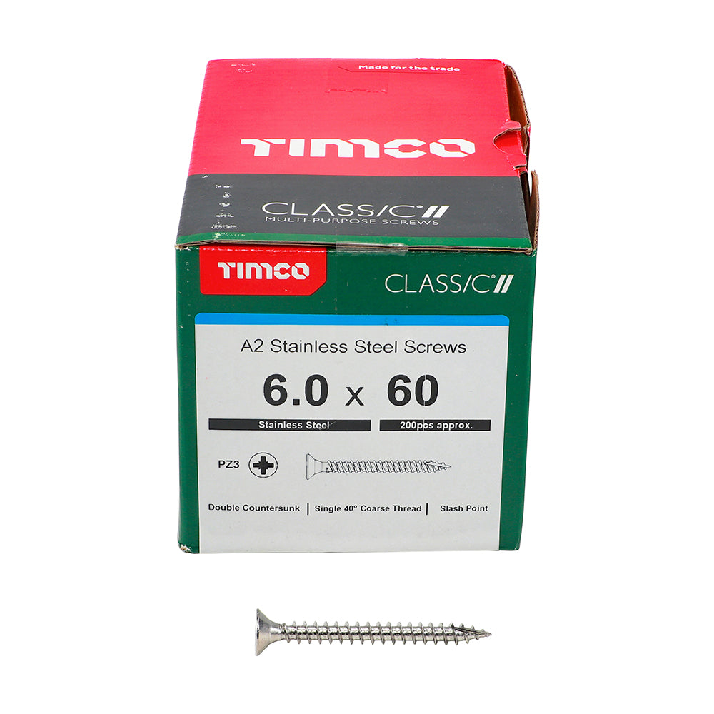 This is an image of Timco - Classic Multi-Purpose Screws - PZ - Double Countersunk - A2 Stainless Steel 6.0 x 60mm - (200 PCS Box) 60060CLASS