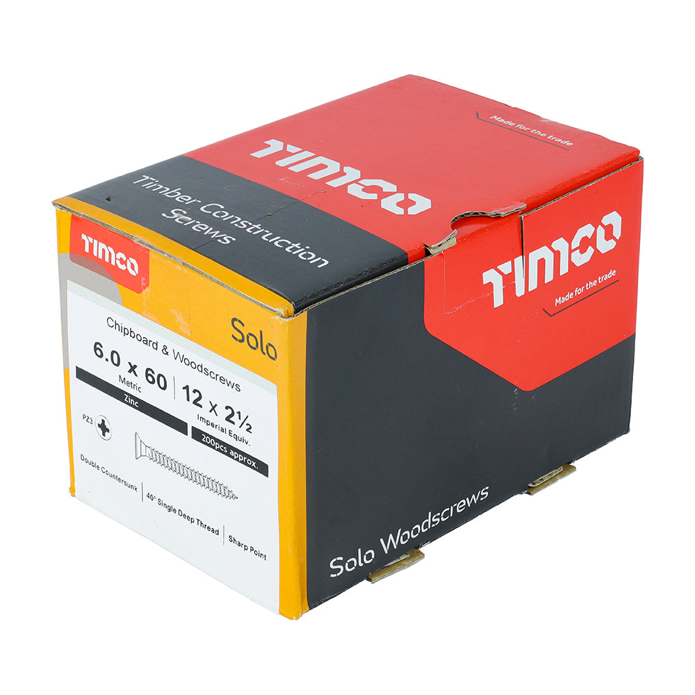 This is an image of Timco - Solo Chipboard & Woodscrews - PZ - Double Countersunk - Zinc 6.0 x 60mm - (200 PCS Box) 60060SOLOZ