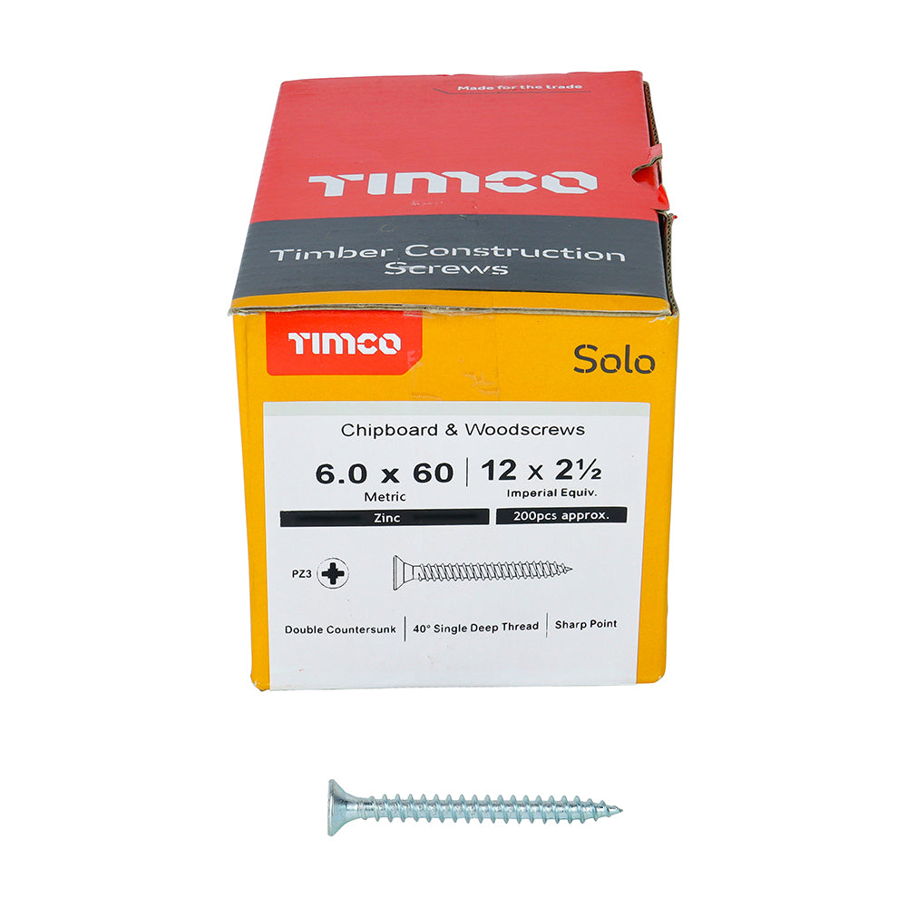 This is an image of Timco - Solo Chipboard & Woodscrews - PZ - Double Countersunk - Zinc 6.0 x 60mm - (200 PCS Box) 60060SOLOZ