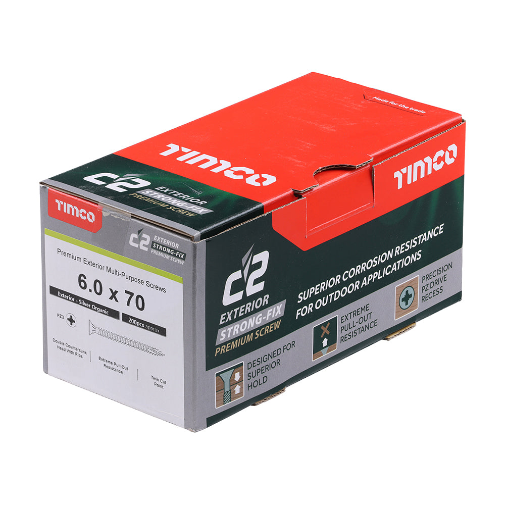 This is an image of Timco - C2 Exterior Strong-Fix Screws - PZ - Double Countersunk with Ribs - Twin-Cut - Silver 6.0 x 70mm - (200 PCS Box) 60070C2SBX