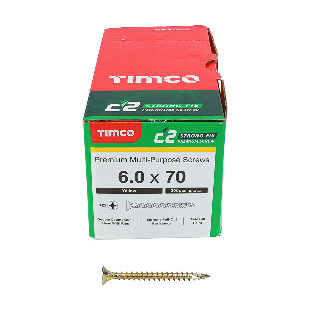This is an image of Timco - C2 Strong-Fix Screws - PZ - Double Countersunk - Twin-Cut - Yellow 6.0 x 70mm - (200 PCS Box) 60070C2