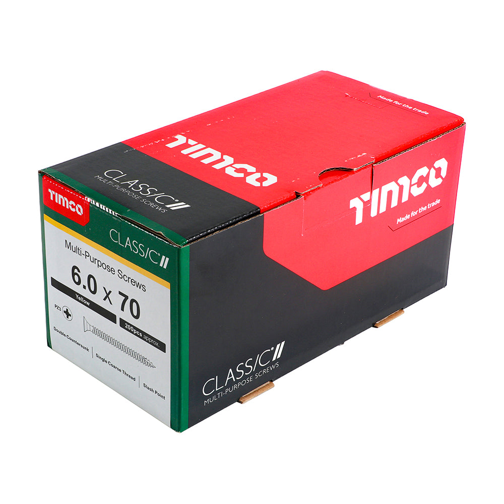 This is an image of Timco - Classic Multi-Purpose Screws - PZ - Double Countersunk - Yellow 6.0 x 70mm - (200 PCS Box) 60070CLAF