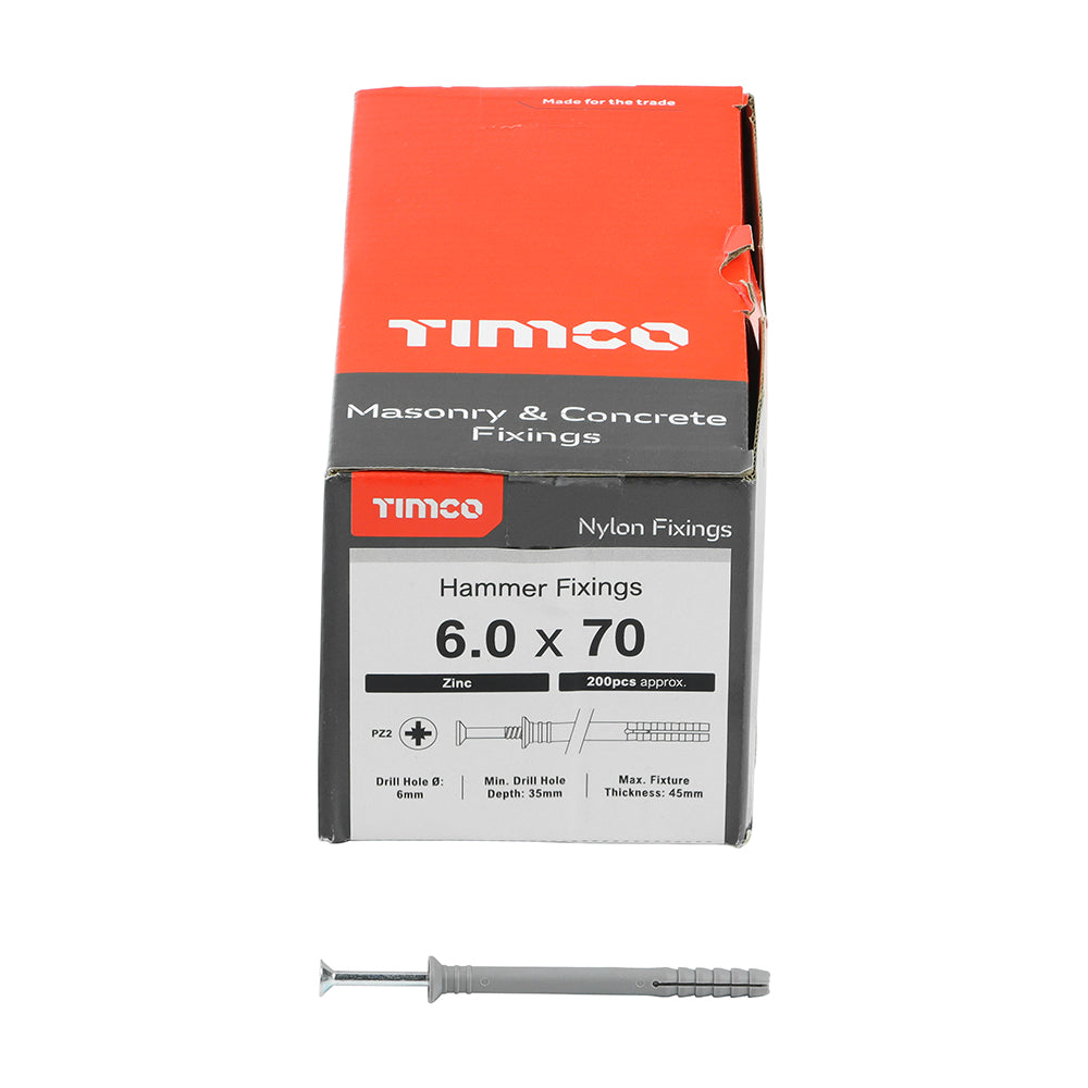 This is an image of Timco - Nylon Hammer Fixing - PZ - Zinc 6.0 x 70mm - (200 PCS Box) 60070HF