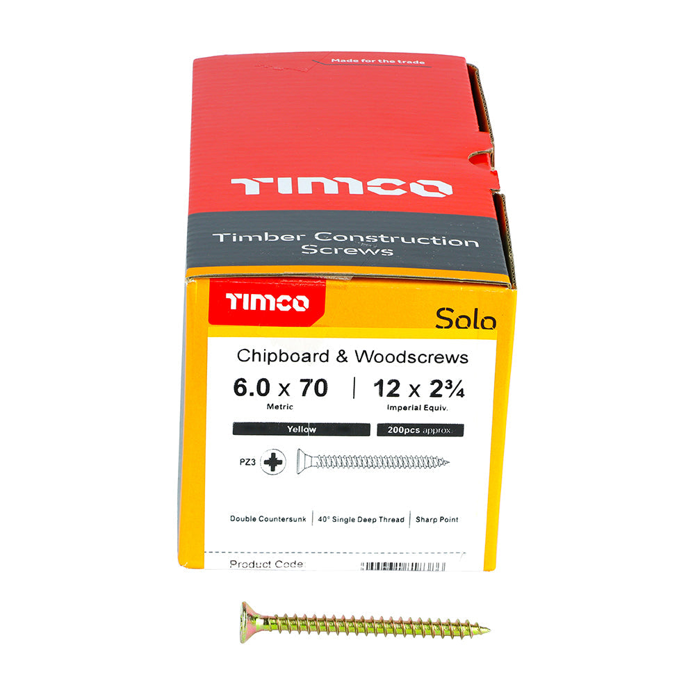 This is an image of Timco - Solo Chipboard & Woodscrews - PZ - Double Countersunk - Yellow 6.0 x 70mm - (200 PCS Box) 60070SOLOC