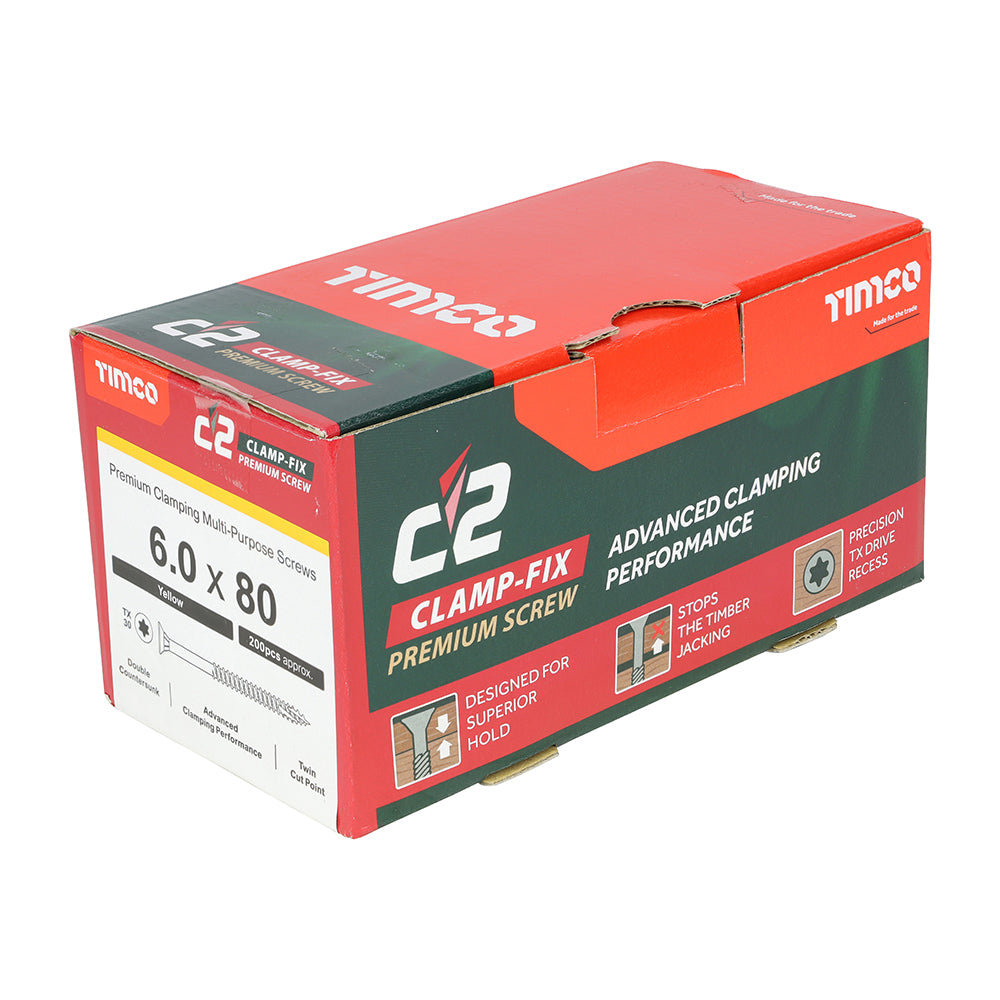 This is an image of Timco - C2 Clamp-Fix Screws - TX - Double Countersunk with Ribs - Twin-Cut - Yellow 6.0 x 80mm - (200 PCS Box) 60080C2C