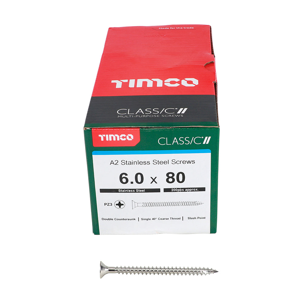 This is an image of Timco - Classic Multi-Purpose Screws - PZ - Double Countersunk - A2 Stainless Steel 6.0 x 80mm - (200 PCS Box) 60080CLASS