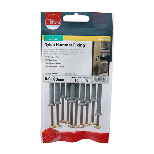 This is an image of Timco - Nylon Hammer Fixings - PZ - Zinc 6.0 x 80mm - (10 PCS TIMpac) 60080HFP