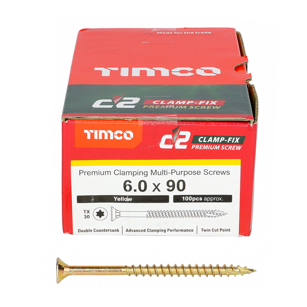 This is an image of Timco - C2 Clamp-Fix Screws - TX - Double Countersunk with Ribs - Twin-Cut - Yellow 6.0 x 90mm - (100 PCS Box) 60090C2C