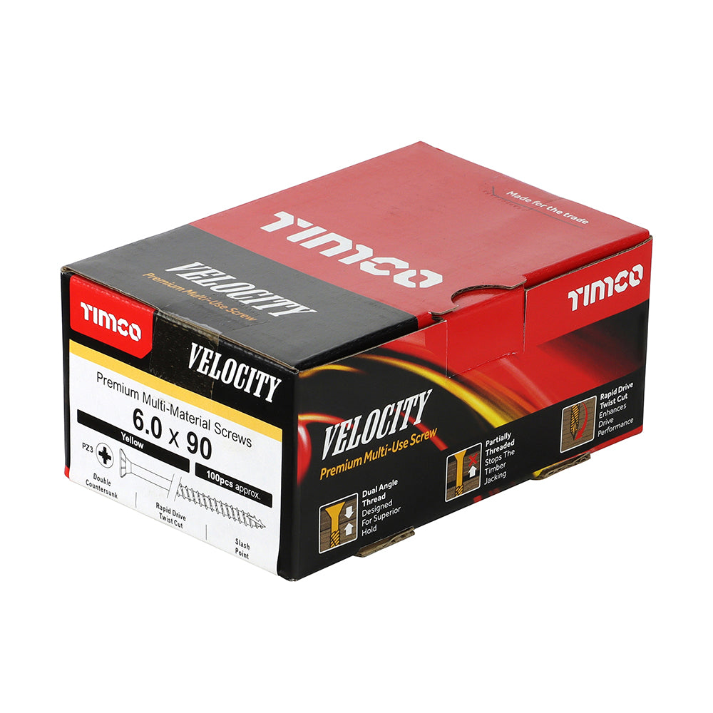 This is an image of Timco - Velocity Premium Multi-Use Screws - PZ - Double Countersunk - Yellow 6.0 x 90mm - (100 PCS Box) 60090VY