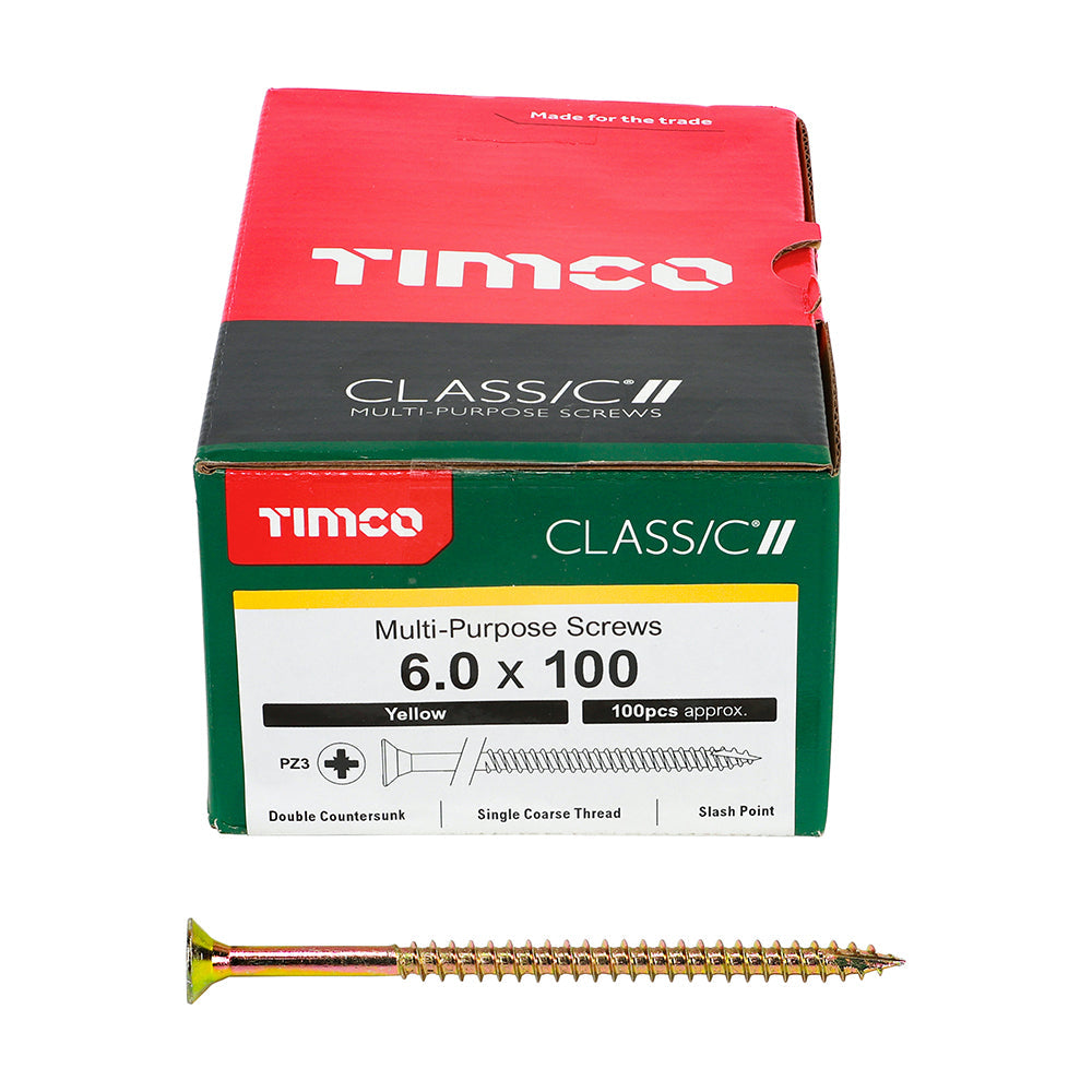 This is an image of Timco - Classic Multi-Purpose Screws - PZ - Double Countersunk - Yellow 6.0 x 100mm - (100 PCS Box) 60100CLAF