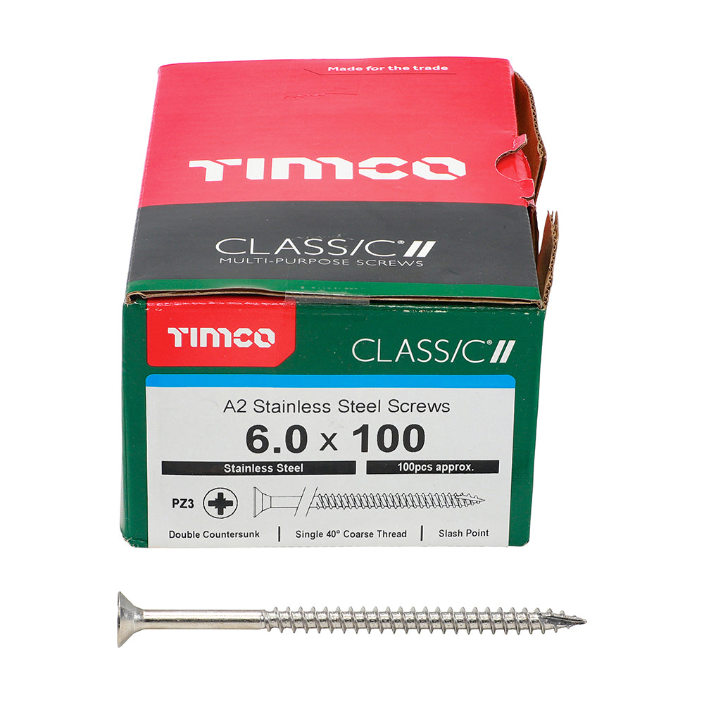 This is an image of Timco - Classic Multi-Purpose Screws - PZ - Double Countersunk - A2 Stainless Steel 6.0 x 100mm - (100 PCS Box) 60100CLASS