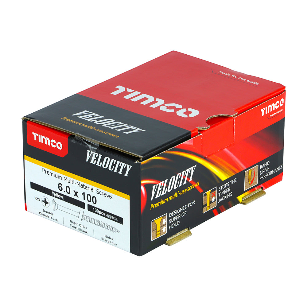 This is an image of Timco - Velocity Premium Multi-Use Screws - PZ - Double Countersunk - Yellow 6.0 x 100mm - (100 PCS Box) 60100VY