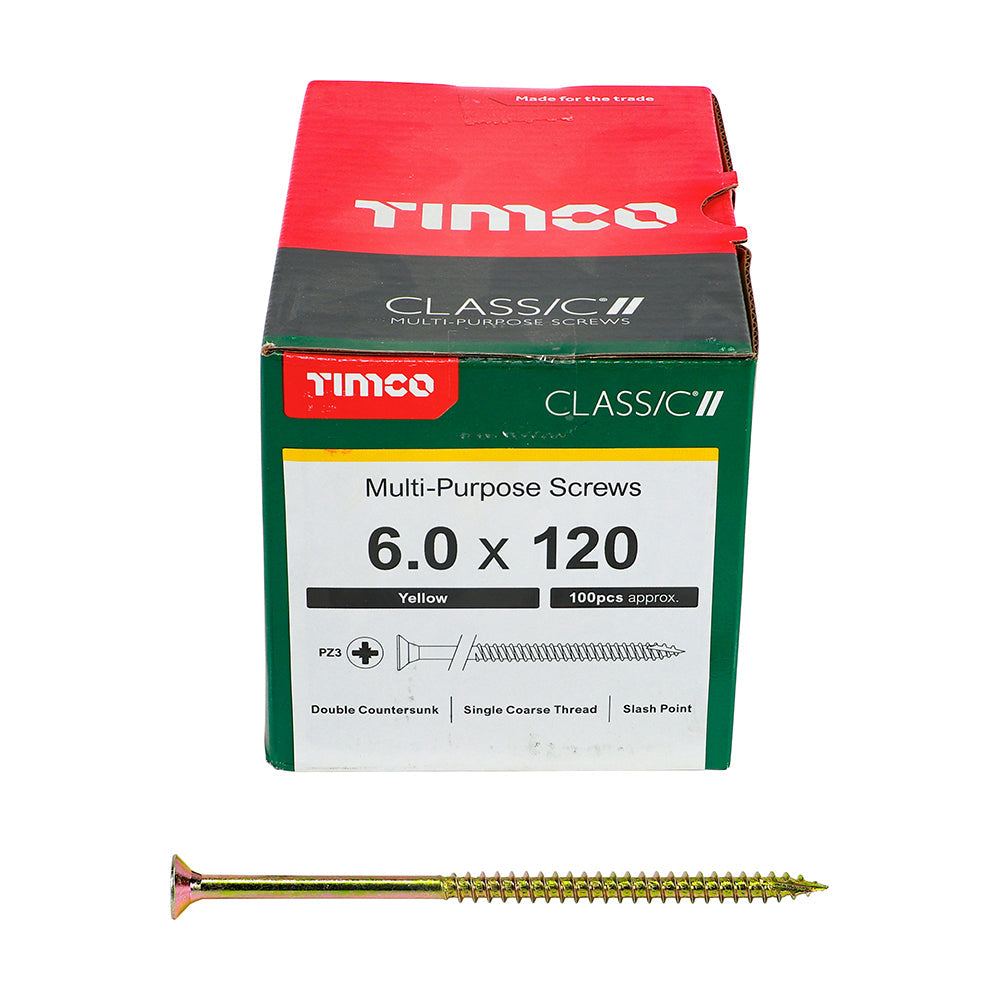 This is an image of Timco - Classic Multi-Purpose Screws - PZ - Double Countersunk - Yellow 6.0 x 120mm - (100 PCS Box) 60120CLAF