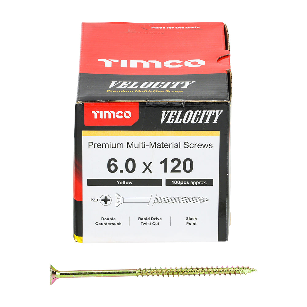 This is an image of Timco - Velocity Premium Multi-Use Screws - PZ - Double Countersunk - Yellow 6.0 x 120mm - (100 PCS Box) 60120VY