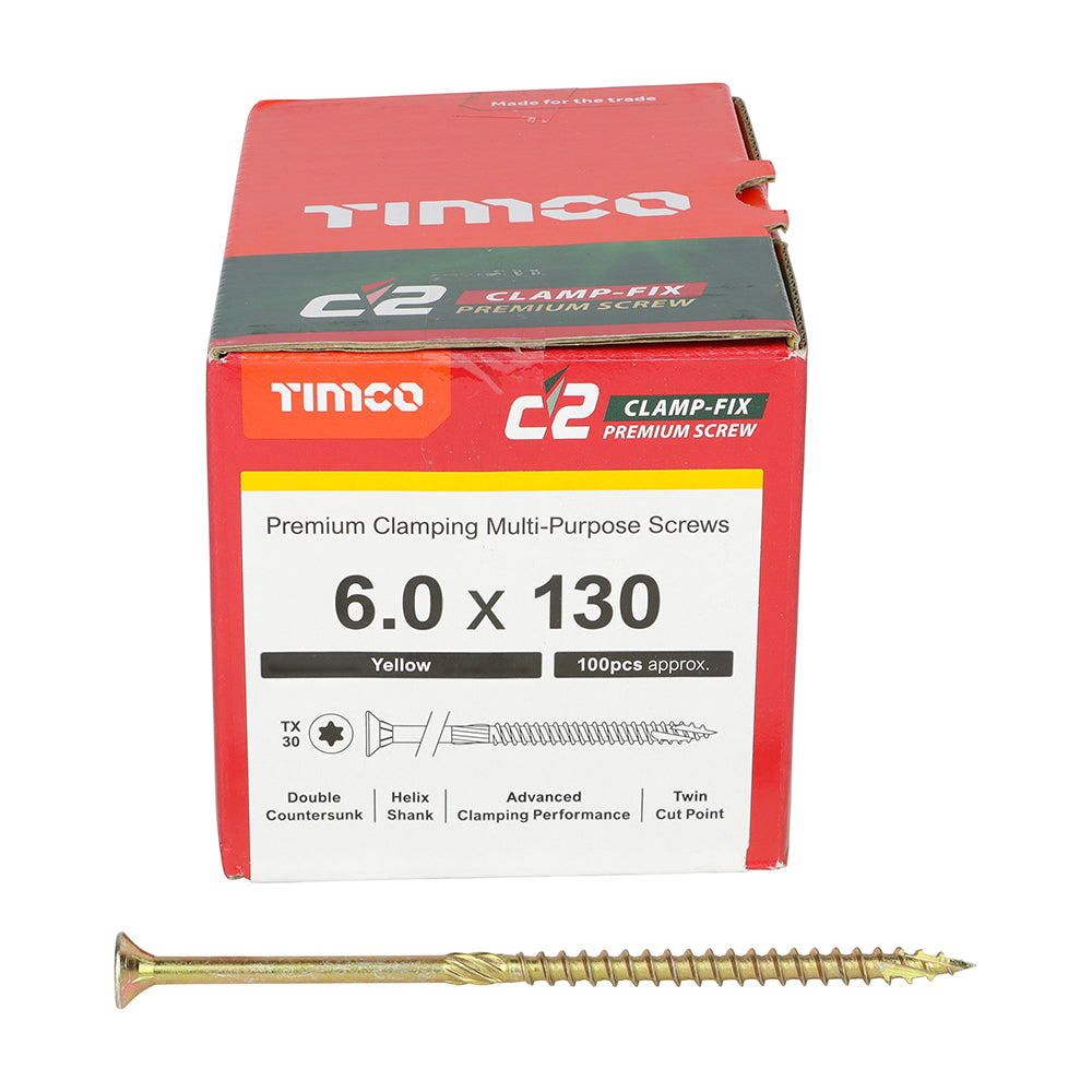 This is an image of Timco - C2 Clamp-Fix Screws - TX - Double Countersunk with Ribs - Twin-Cut - Yellow 6.0 x 130mm - (100 PCS Box) 60130C2C