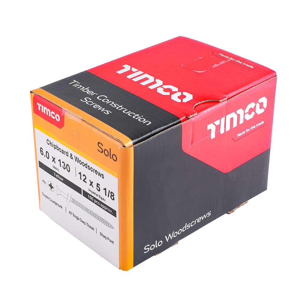 This is an image of Timco - Solo Chipboard & Woodscrews - PZ - Double Countersunk - Yellow 6.0 x 130mm - (100 PCS Box) 60130SOLOC
