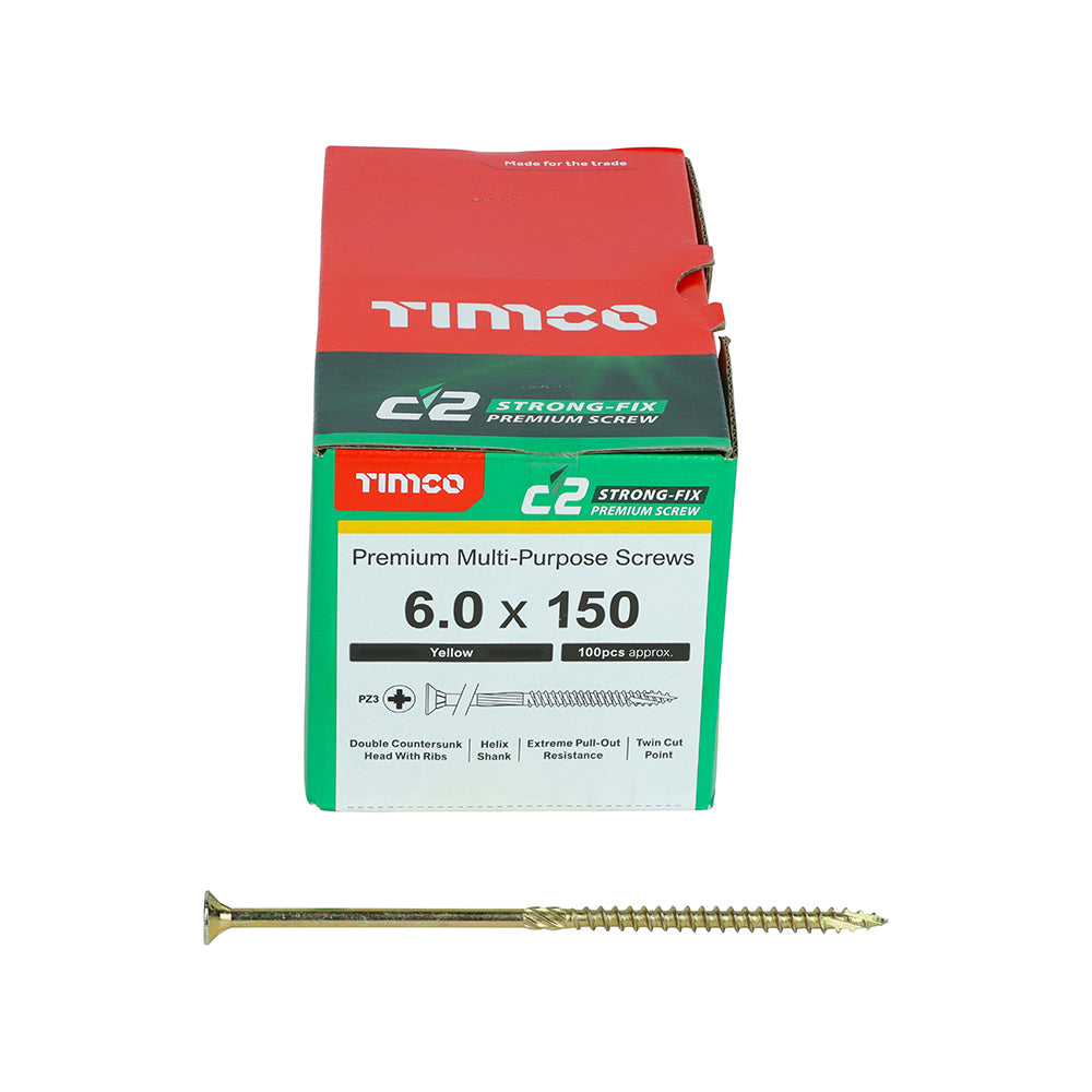 This is an image of Timco - C2 Strong-Fix Screws - PZ - Double Countersunk - Twin-Cut - Yellow 6.0 x 150mm - (100 PCS Box) 60150C2