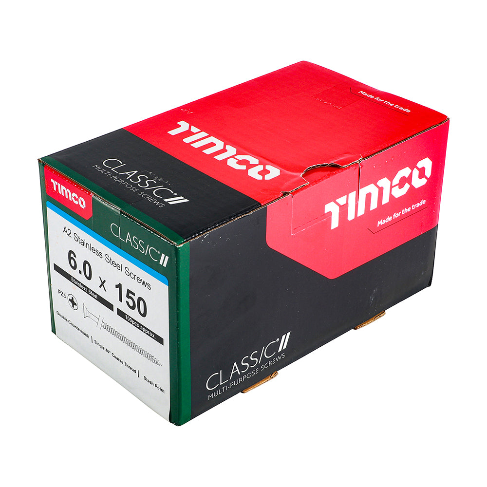 This is an image of Timco - Classic Multi-Purpose Screws - PZ - Double Countersunk - A2 Stainless Steel 6.0 x 150mm - (100 PCS Box) 60150CLASS