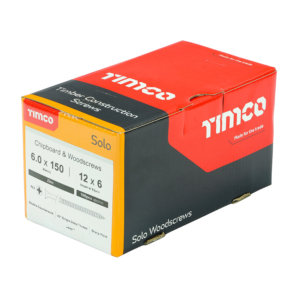 This is an image of Timco - Solo Chipboard & Woodscrews - PZ - Double Countersunk - Zinc 6.0 x 150mm - (100 PCS Box) 60150SOLOZ
