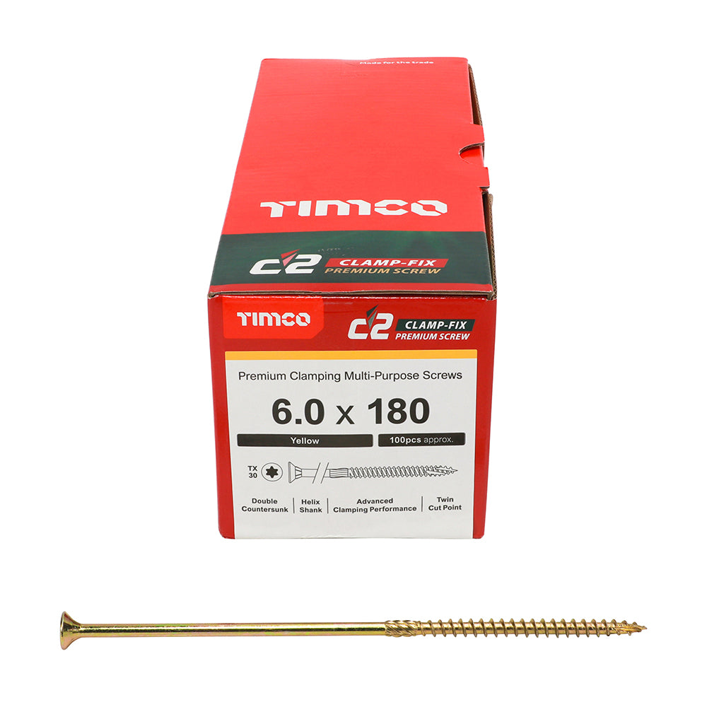This is an image of Timco - C2 Clamp-Fix Screws - TX - Double Countersunk with Ribs - Twin-Cut - Yellow 6.0 x 180mm - (100 PCS Box) 60180C2C