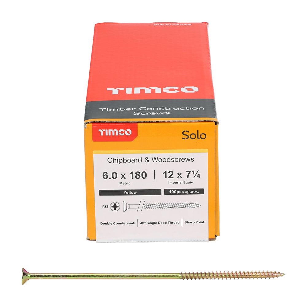 This is an image of Timco - Solo Woodscrews - PZ - Double Countersunk - Yellow 6.0 x 180mm - (100 PCS Box) 60180SOLOC
