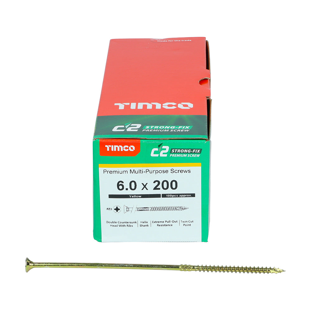 This is an image of Timco - C2 Strong-Fix Screws - PZ - Double Countersunk - Twin-Cut - Yellow 6.0 x 200mm - (100 PCS Box) 60200C2