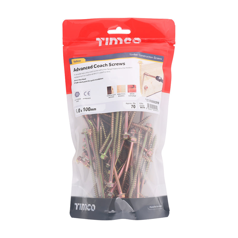 This is an image of Timco - Advanced Coach Screws - Hex Flange - Yellow 6.0 x 100mm - (70 PCS TIMbag) 6100SCSYB