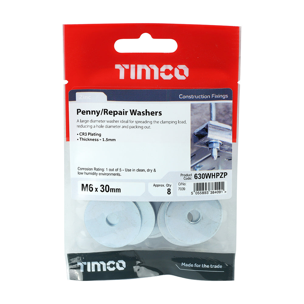 This is an image of Timco - Penny / Repair Washers - Zinc M6 x 30mm - (8 PCS TIMpac) 630WHPZP