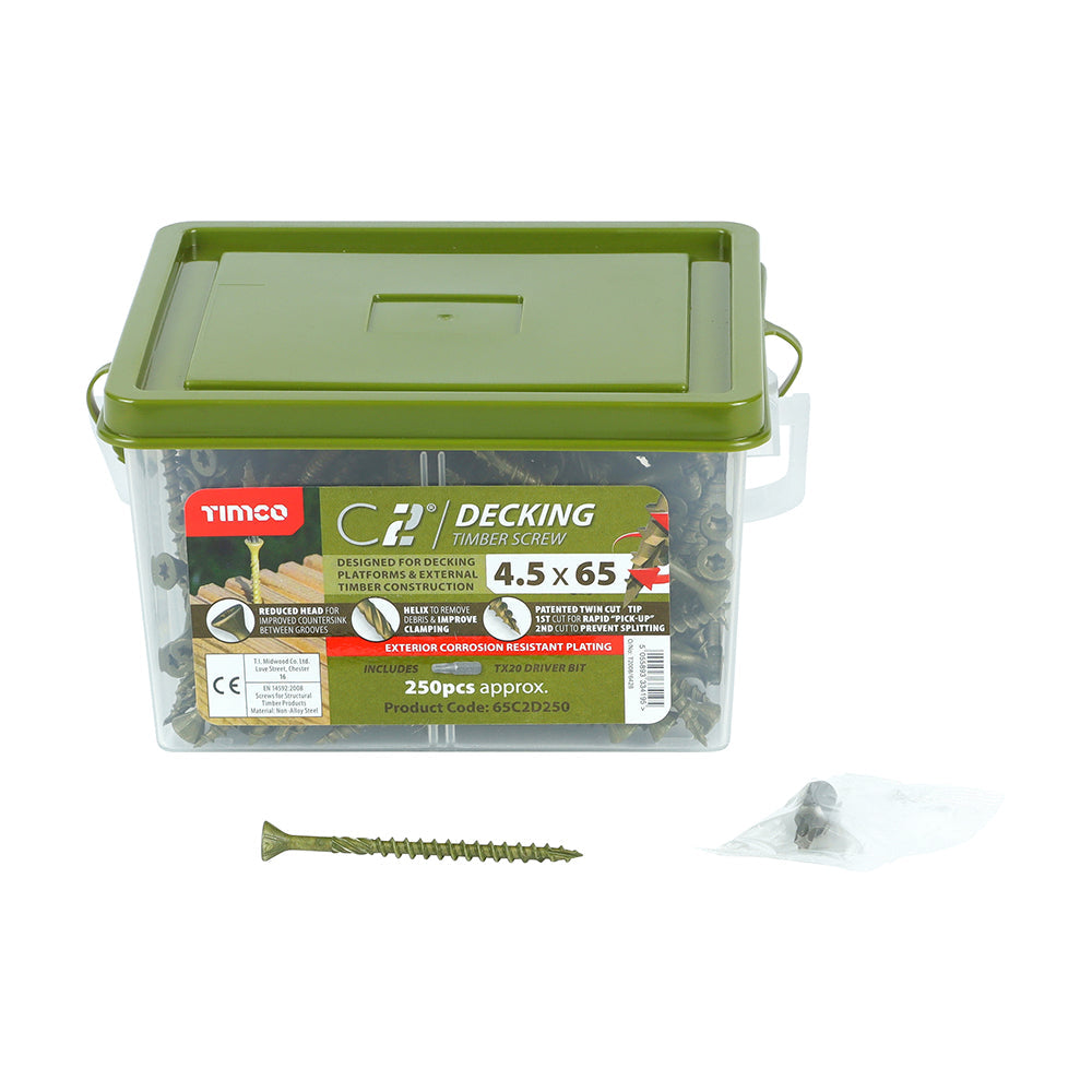 This is an image of Timco - C2 Deck-Fix Screws - TX - Countersunk with Ribs - Twin-Cut - Green 4.5 x 65mm - (250 PCS Tub) 65C2D250