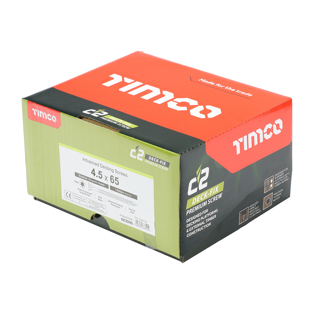 This is an image of Timco - C2 Deck-Fix Screws - TX - Countersunk with Ribs - Twin-Cut - Green 4.5 x 65mm - (1000 PCS Box) 65C2DIND