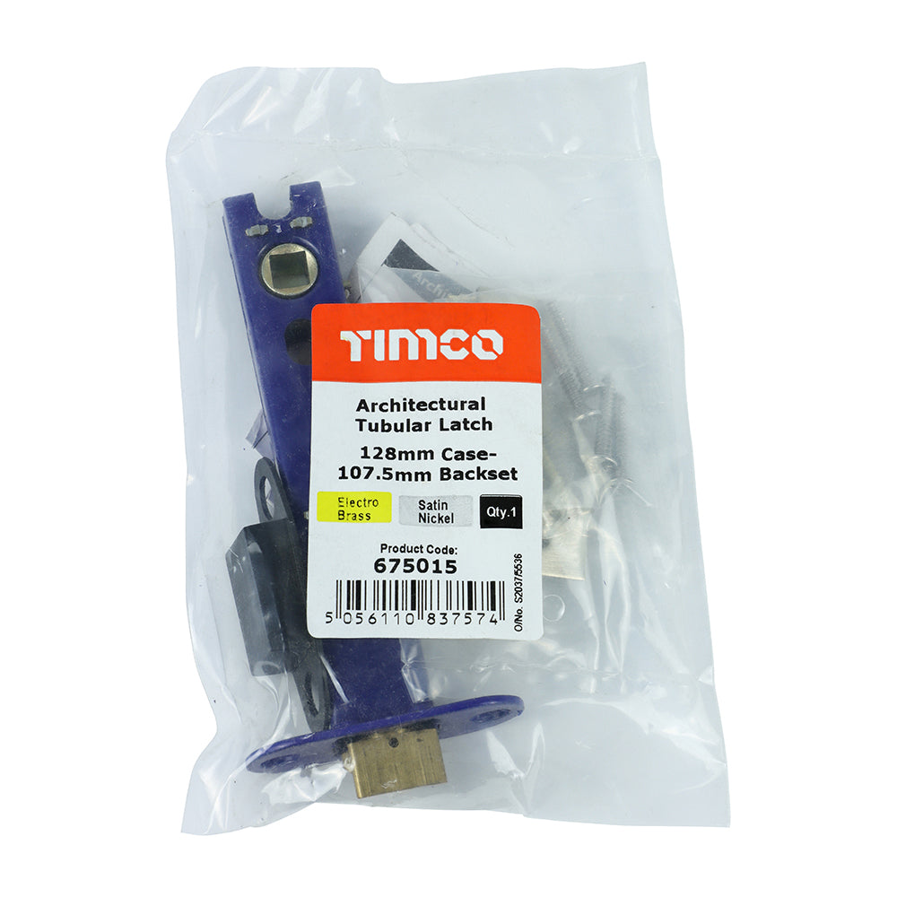 This is an image of Timco - Architectural Tubular Latch - Electro Brass & Satin Nickel 128 case / 107.5 backset (1 Each Plain Bag) 675015