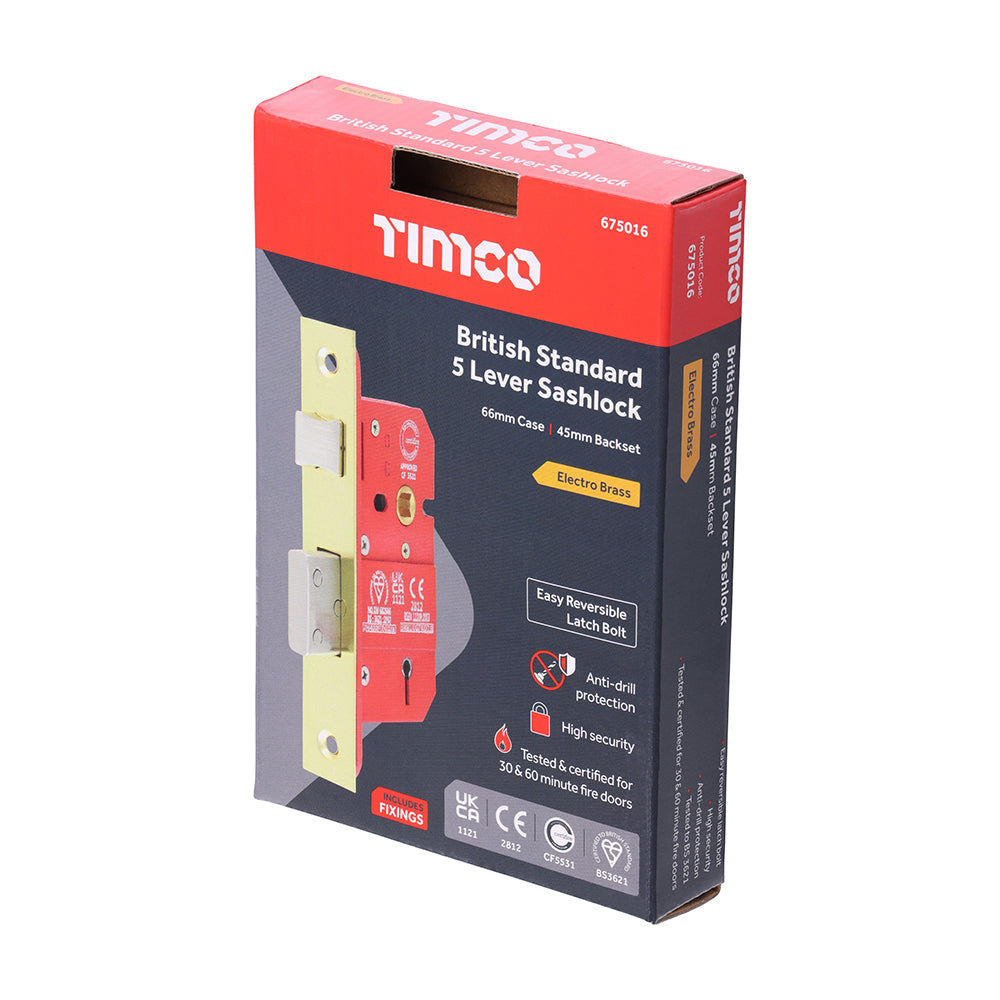 This is an image of Timco - 5 Lever British Standard CE Sashlock - Electro Brass 66 case / 45 backset (1 Each Box) 675016
