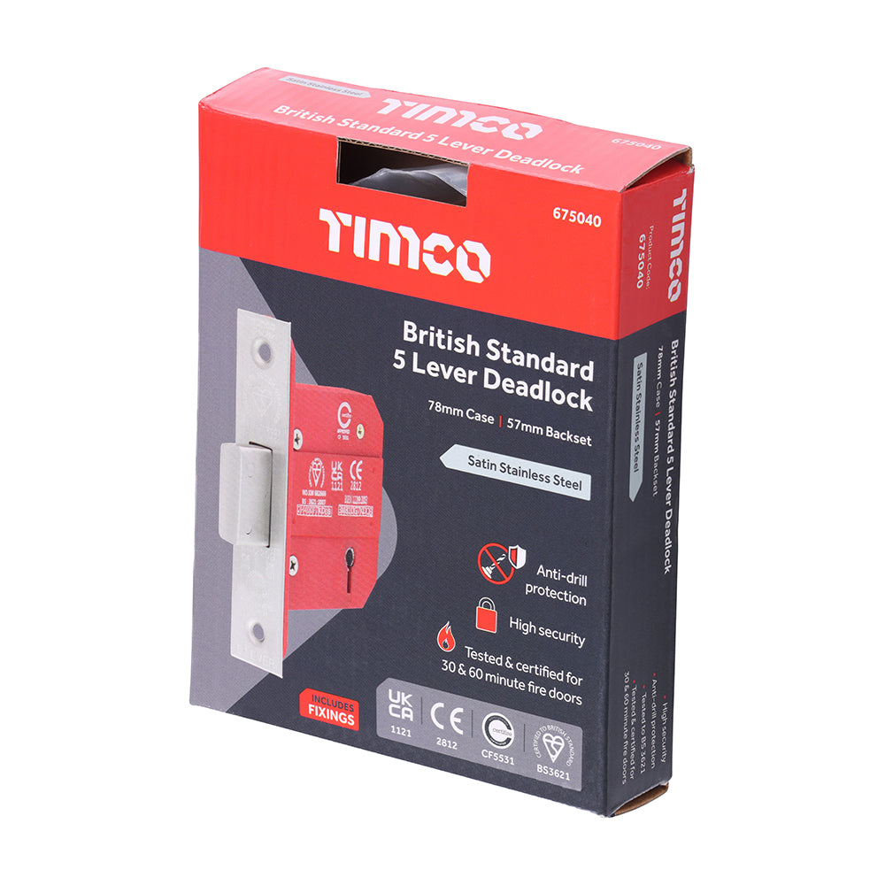 This is an image of Timco - 5 Lever British Standard CE Deadlock - Stainless Steel - Satin 78 case / 57 backset (1 Each Box) 675040