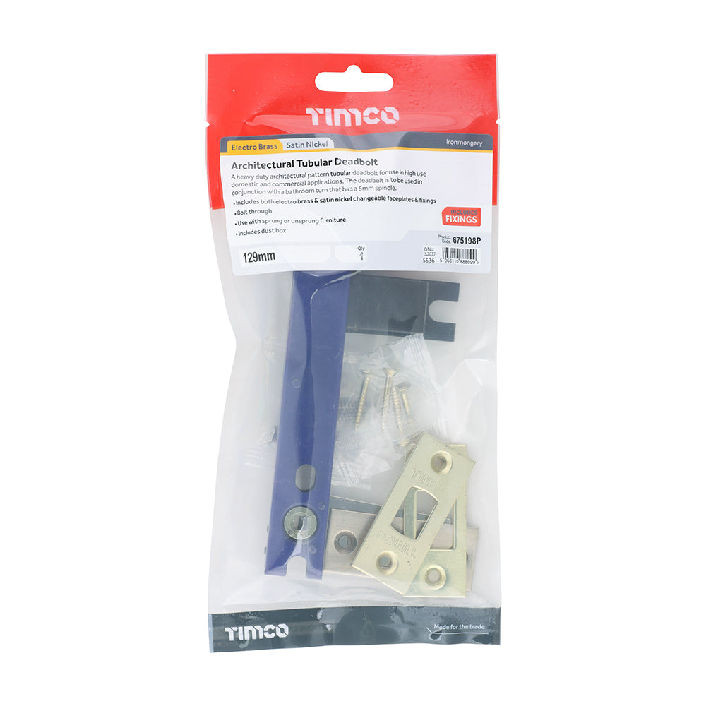 This is an image of Timco - Architectural Tubular Deadbolt - Electro Brass & Satin Nickel 129 case / 108 backset (1 Each TIMbag) 675198P