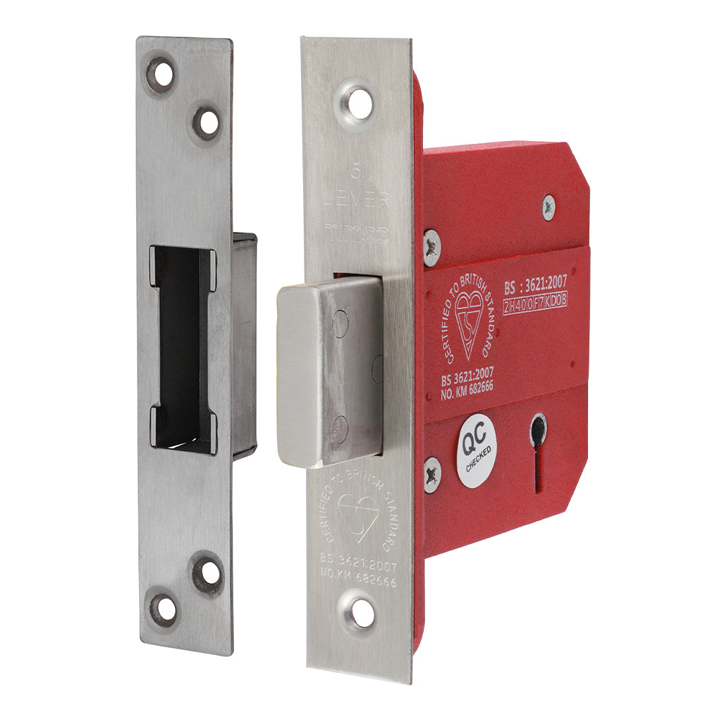 This is an image of Timco - 5 Lever British Standard Deadlock - Stainless Steel - Satin 78 case / 57 backset (1 Each Box) 675220