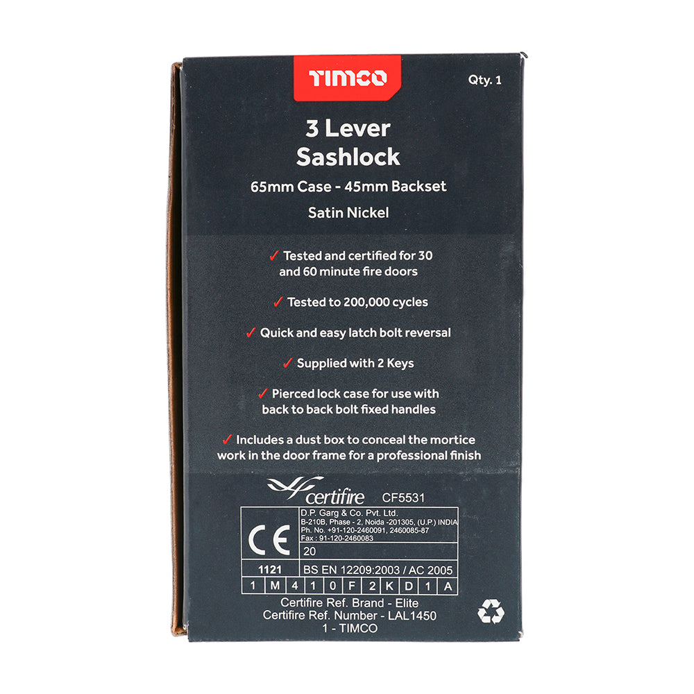 This is an image of Timco - 3 Lever Sashlock - Satin Nickel 65 case / 45 backset (1 Each Box) 675321