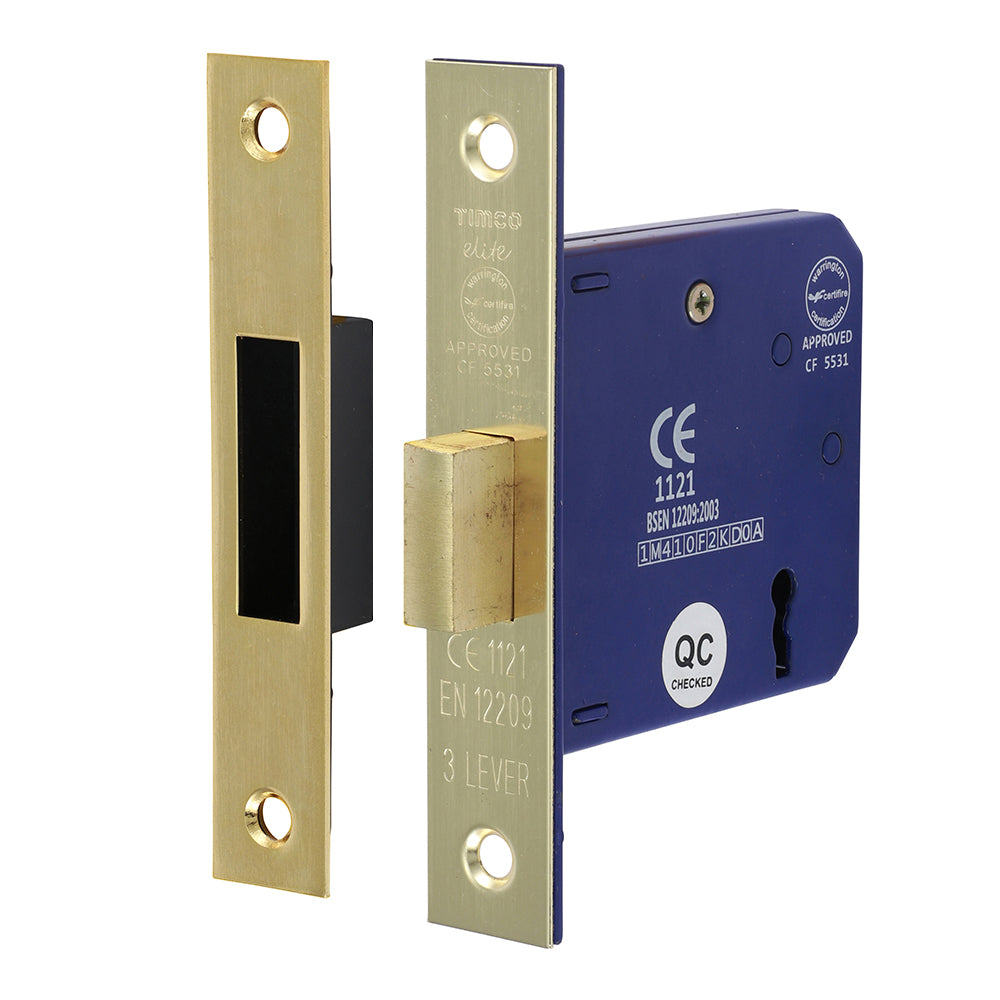 This is an image of Timco - 3 Lever Deadlock - Electro Brass 78 case / 58 backset (1 Each Box) 675357