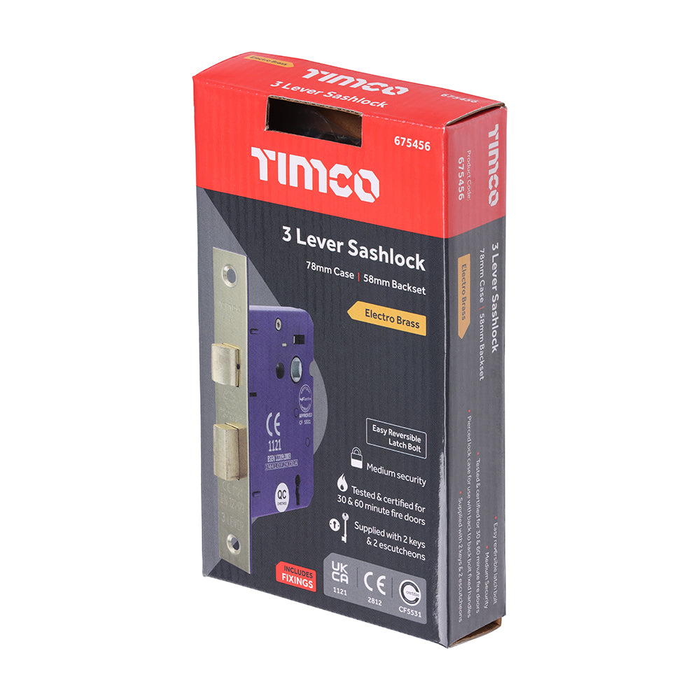 This is an image of Timco - 3 Lever Sashlock - Electro Brass 78 case / 58 backset (1 Each Box) 675456
