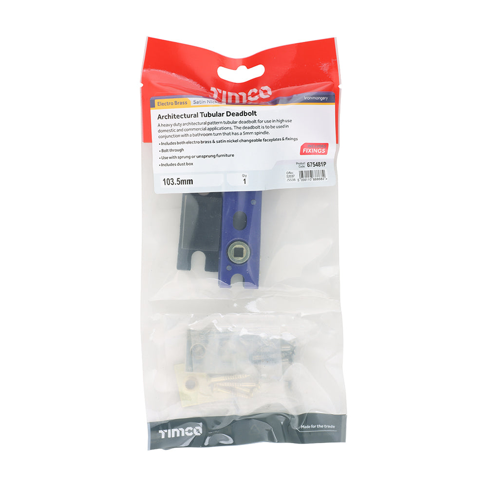 This is an image of Timco - Architectural Tubular Deadbolt - Electro Brass & Satin Nickel 103.5 case / 82.5 backset (1 Each TIMbag) 675481P
