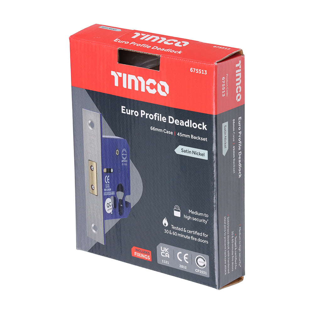 This is an image of Timco - Euro Deadlock - Satin Nickel 66 case / 45 backset (1 Each Box) 675513