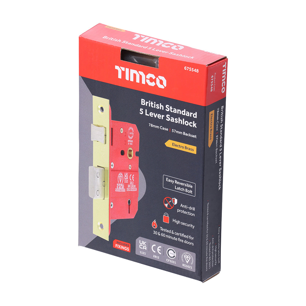 This is an image of Timco - 5 Lever British Standard CE Sashlock - Electro Brass 78 case / 57 backset (1 Each Box) 675548
