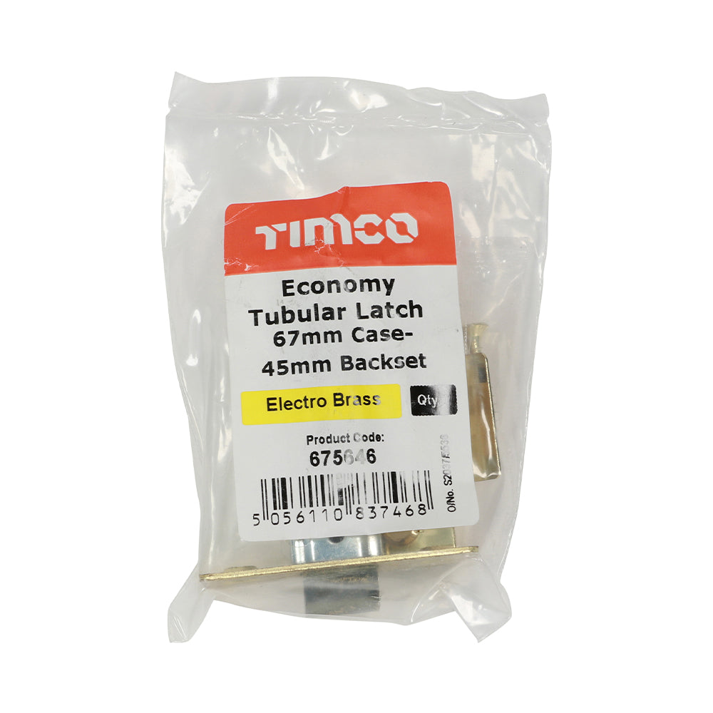 This is an image of Timco - Economy Tubular Latch - Electro Brass 67 case / 45 backset (1 Each Plain Bag) 675646