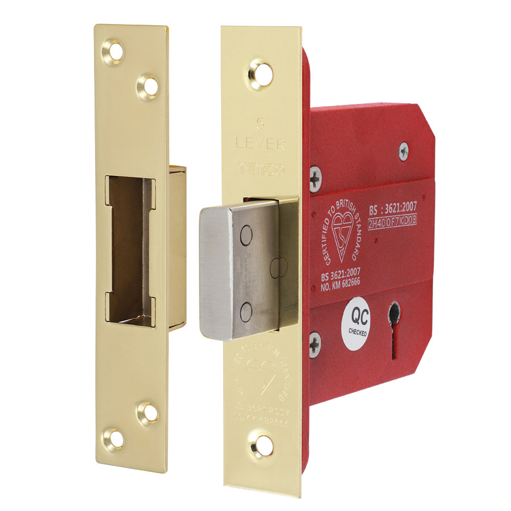This is an image of Timco - 5 Lever British Standard CE Deadlock - Electro Brass 78 case / 57 backset (1 Each Box) 675725