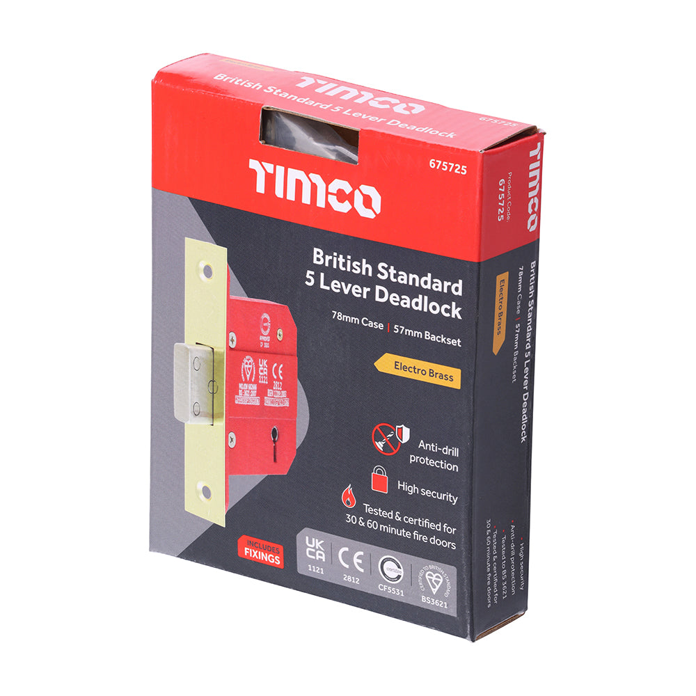This is an image of Timco - 5 Lever British Standard CE Deadlock - Electro Brass 78 case / 57 backset (1 Each Box) 675725