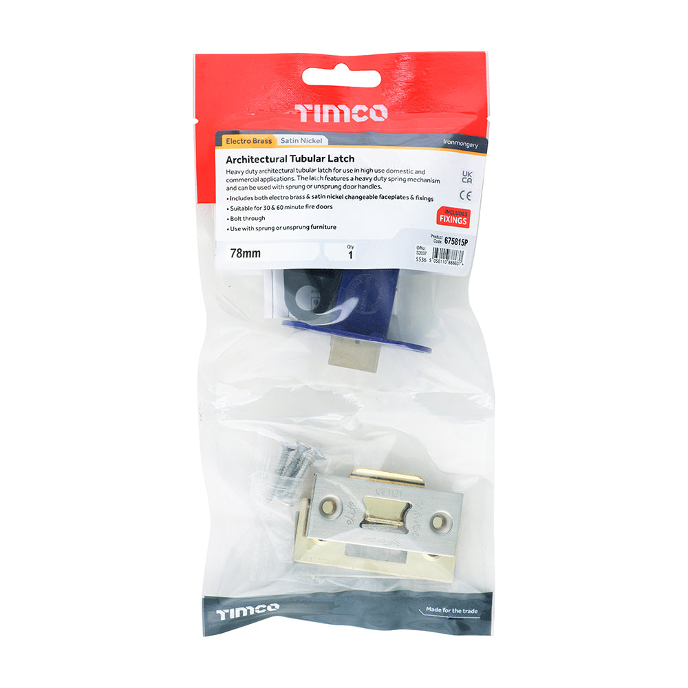 This is an image of Timco - Architectural Tubular Latch - Electro Brass & Satin Nickel 78 case / 57 backset (1 Each TIMbag) 675815P