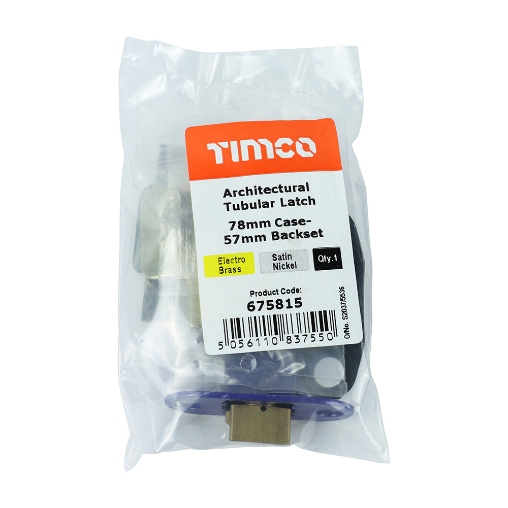 This is an image of Timco - Architectural Tubular Latch - Electro Brass & Satin Nickel 78 case / 57 backset (1 Each Plain Bag) 675815