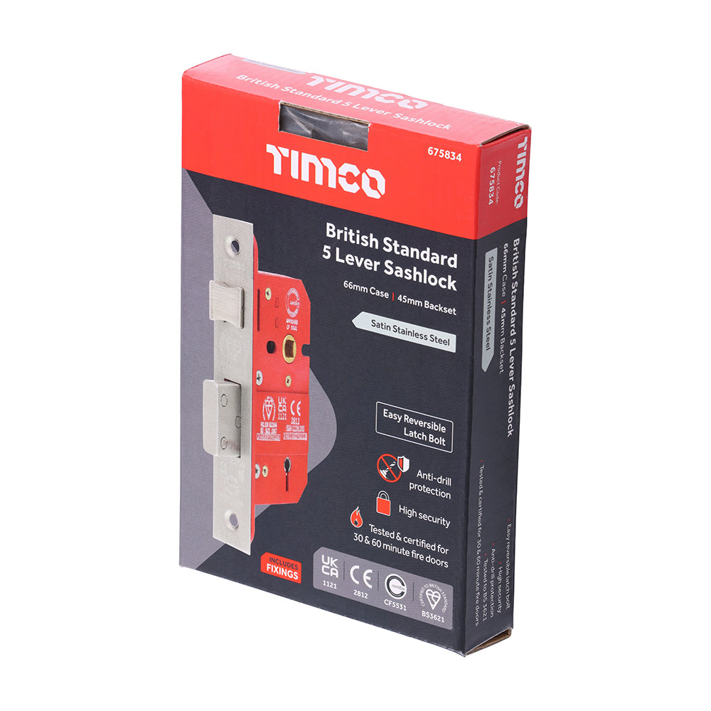 This is an image of Timco - 5 Lever British Standard CE Sashlock - Stainless Steel - Satin 66 case / 45 backset (1 Each Box) 675834